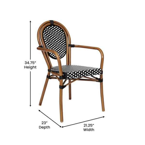 Lot # 1952 Flash Furniture Lourdes Indoor/Outdoor Commercial Thonet Bistro Stack Chair - Curved Arms - Black/White PE Rattan Back and Seat - Bamboo Print Metal Frame