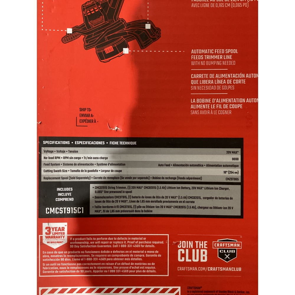 Lot # 1291 CRAFTSMAN V20 Cordless String Trimmer CMCST915C1, 10-inch Cutting Swath, Automatic Feed Spool, with Battery and Charger