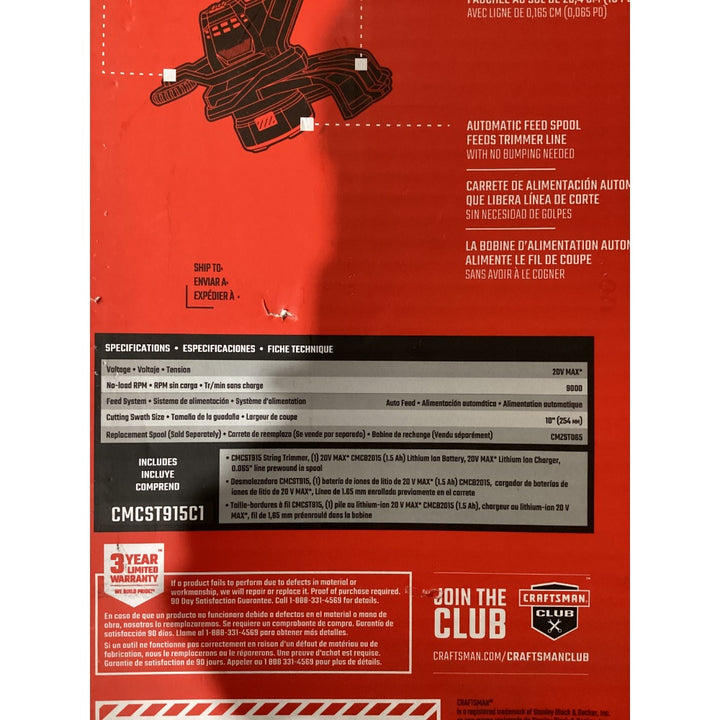Lot # 1291 CRAFTSMAN V20 Cordless String Trimmer CMCST915C1, 10-inch Cutting Swath, Automatic Feed Spool, with Battery and Charger
