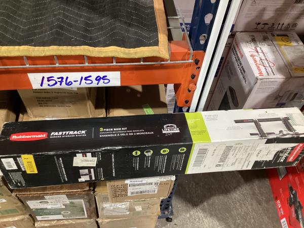 Lot # 1630 Rubbermaid FastTrack Garage Storage Bike Storage Kit, 3 Piece, All in One Rail Hook Kit Organizer, Heavy Duty Organization for Home/Garage/Wall/Shed