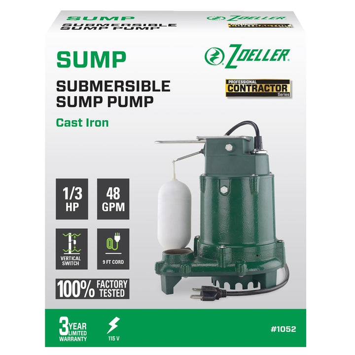 Lot # 116 Zoeller 1/3 HP 2880 Gph Cast Iron Vertical Float Switch AC Submersible Sump Pump