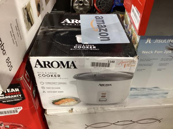 Lot # 1149 Aroma Housewares Aroma 6-cup (cooked) 1.5 Qt. One Touch Rice Cooker, White (ARC-363NG), 6 cup cooked/ 3 cup uncook/ 1.5 Qt.