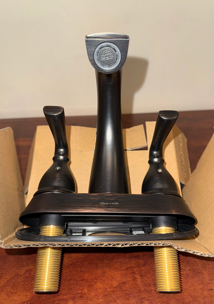 allen + roth Reagan Oil Rubbed Bronze 4-in centerset 2-handle WaterSense Mid-arc Bathroom Sink Faucet with Drain