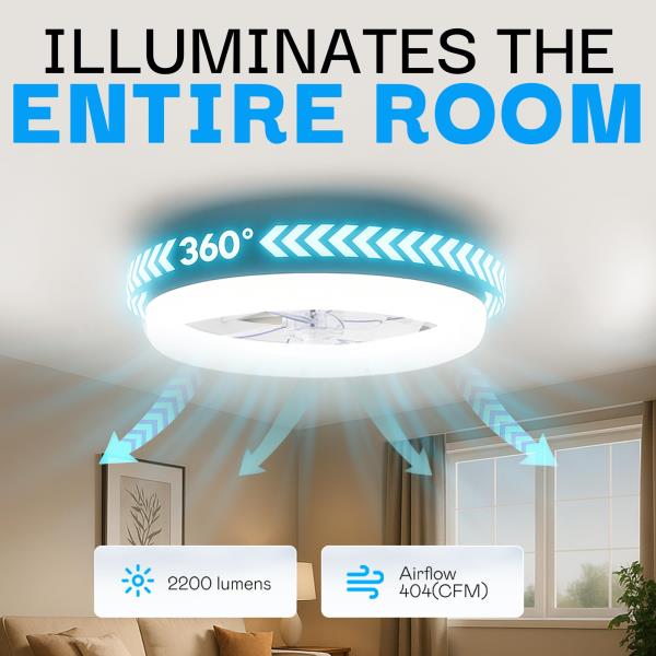 Lot # 455 CannonX 14” Low Profile Ceiling Fans with Lights and Remote, Modern Fandelier Ceiling Fan with Light, 6 Speeds, 3 Lighting Modes 3500K-5500K, Flush Mount for Bedroom, LED 2200 Lumens, ETL Certified