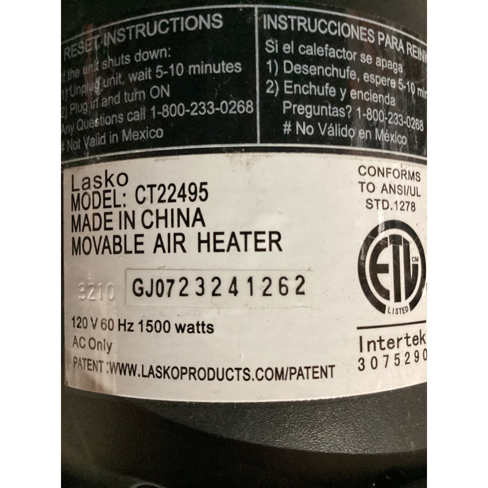Lot # 1032 Lasko CT22495 Movable Air Heater, 1500 Watts, Oscillating, Digital Controls, Black