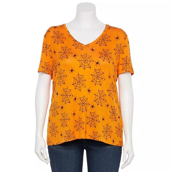 Lot # 87 Plus Size Jollidays Autumn Halloween Print V-Neck T-Shirt, Girl's, Size: 4XL, Orange