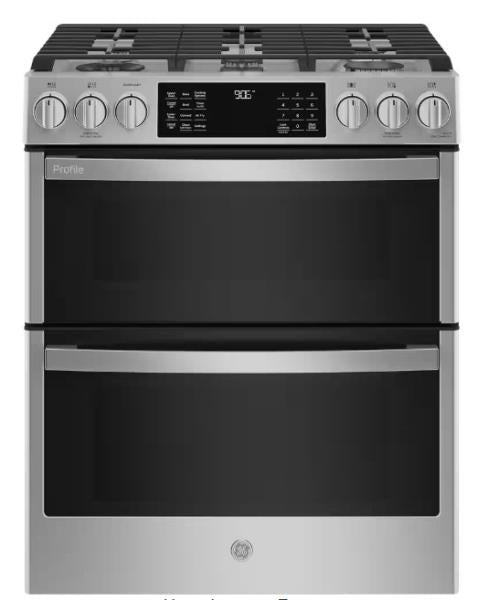 GE 30" Smart Gas Range with 5 Burners and Fingerprint-Resistant Slide-In Double Oven