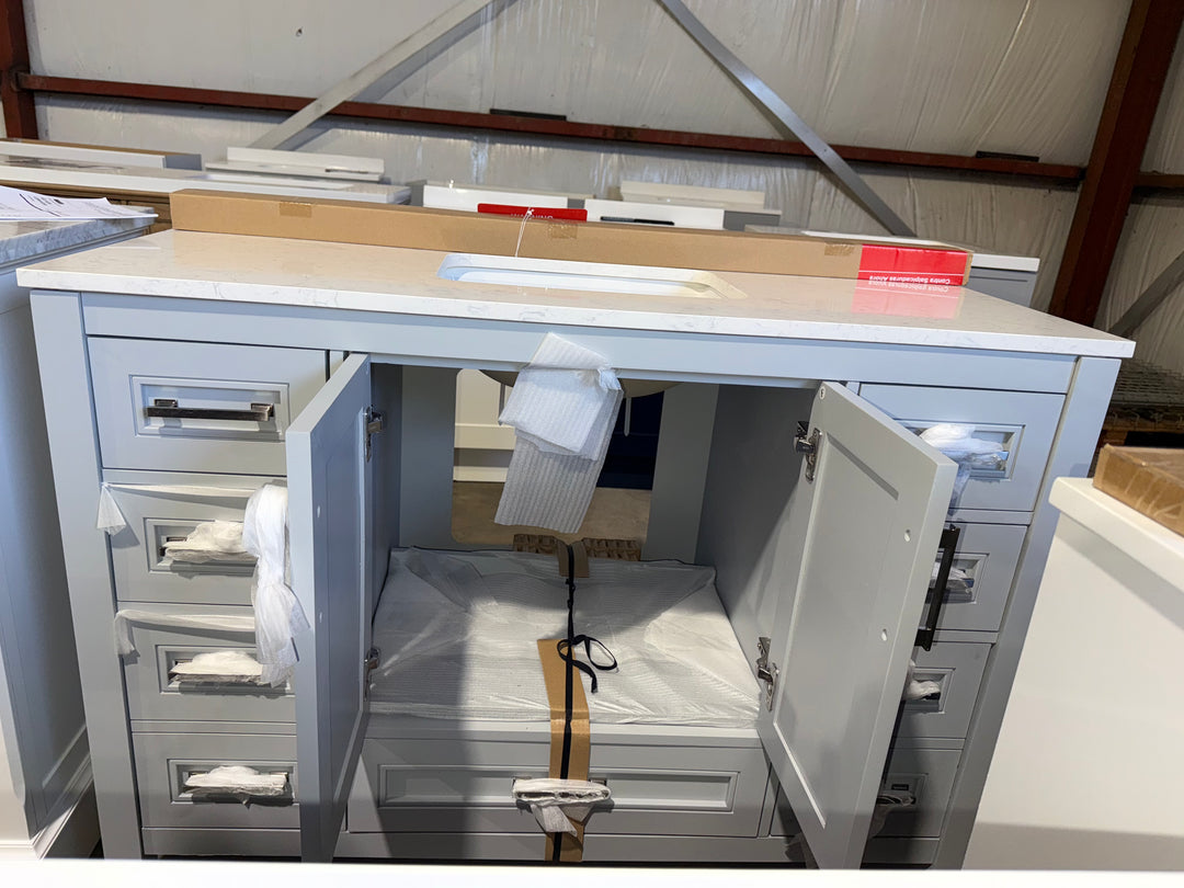 allen + roth Crest Hill 48in Muse Gray Single Sink Bathroom Vanity w Carrara Marble Top (MP only, Dont List)