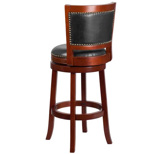 Lot # 1921 Flash Furniture Ebert 30'' High Dark Cherry Wood Barstool with Open Panel Back and Walnut LeatherSoft Swivel Seat