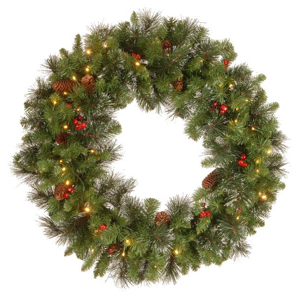 Lot # 1557 National Tree Company Pre-Lit Artificial Christmas Wreath, Green, Crestwood Spruce, White Lights, Decorated with Pine Cones, Berry Clusters, Frosted Branches, Christmas Collection, 30 Inches