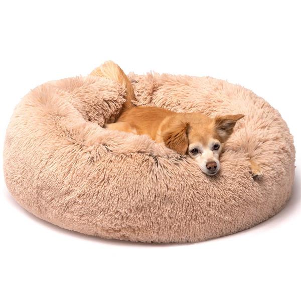 Lot # 1569 Friends Forever Donut Dog Bed Faux Fur Fluffy Calming Sofa For Small Dogs, Soft & Plush Anti Anxiety Pet Couch For Dogs, Machine Washable Coco Pet Bed with Non-Slip Bottom, 23"x23"x6" Tan