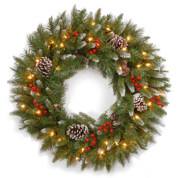 Lot # 1556 National Tree Company Pre-Lit Artificial Christmas Wreath, Green, Frosted Berry, White Lights, Decorated with Pine Cones, Berry Clusters, Frosted Branches, Christmas Collection, 30 Inches