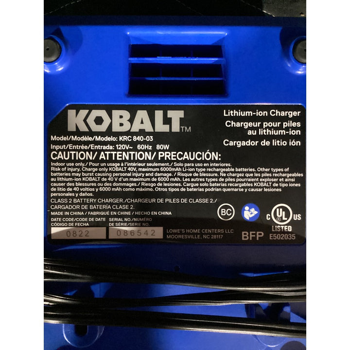 Lot # 1065 KOBALT Lithium-Ion Charger KRC 840-03 - 40V MAX, 120V Input, Blue