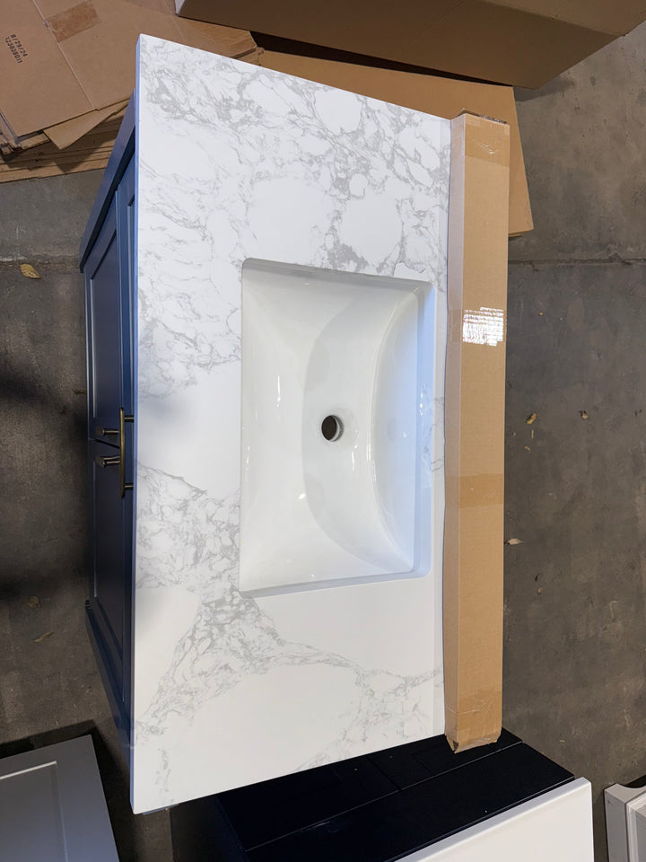 allen + roth Lancashire 30in Chambray Blue Single Sink Bathroom Vanity w White Stone Top (DAMAGE)