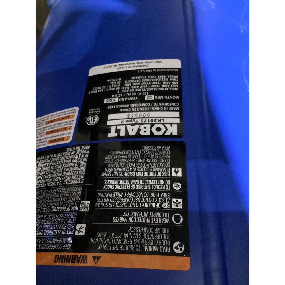 Lot # 2470 Kobalt 20-Gallon Portable Electric 175 PSI Vertical Air Compressor $349