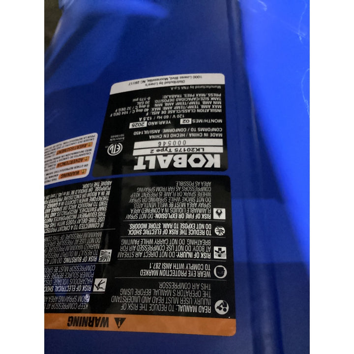 Lot # 2470 Kobalt 20-Gallon Portable Electric 175 PSI Vertical Air Compressor $349