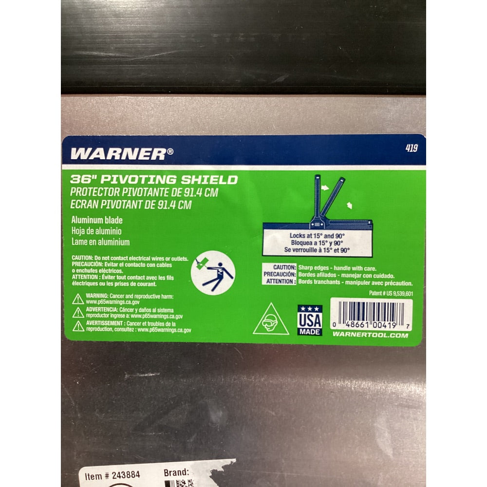 Lot # 1026 WARNER 36" Pivoting Shield - Aluminum Blade, Locks at 15 and 90 Degrees, Silver Blue Black