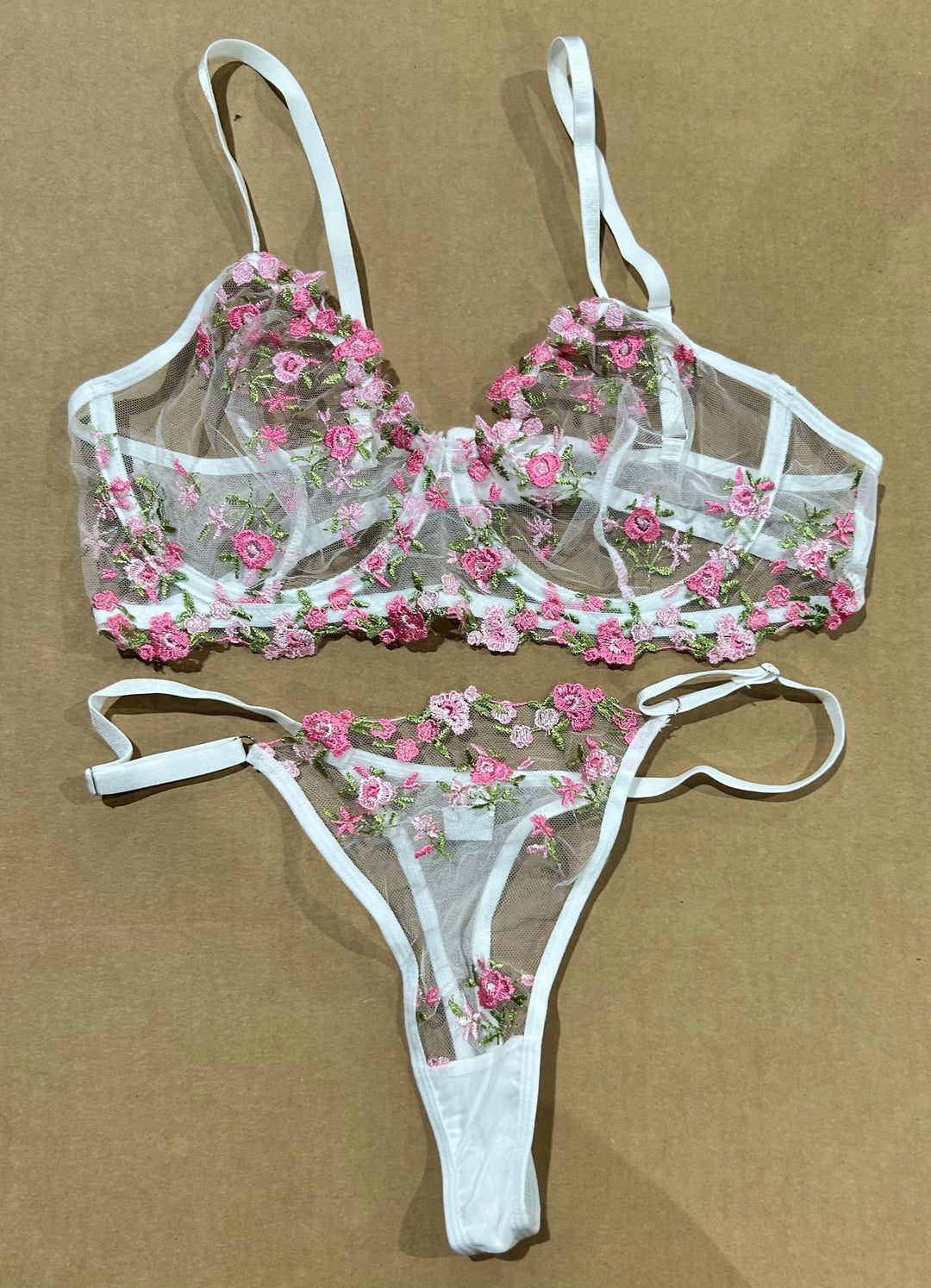Sheer White Floral Embroidered Lingerie Set - Bra & Thong, Size L (new)