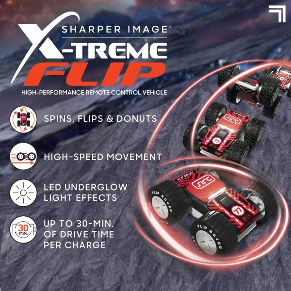 Lot # 1233 Sharper Image® Toy RC X-Treme Flip High-Performance Remote Control Vehicle with Double-Sided Driving, LED Lights, Performs Spins, Flips & Donuts, 3-Pieces, Blue, Age 6+
