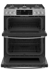 GE 30" Smart Gas Range with 5 Burners and Fingerprint-Resistant Slide-In Double Oven