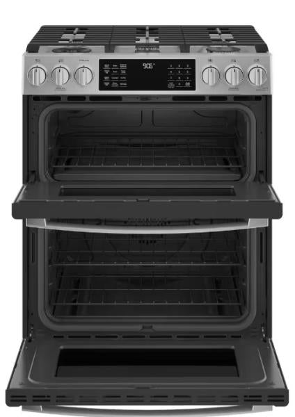 GE 30" Smart Gas Range with 5 Burners and Fingerprint-Resistant Slide-In Double Oven