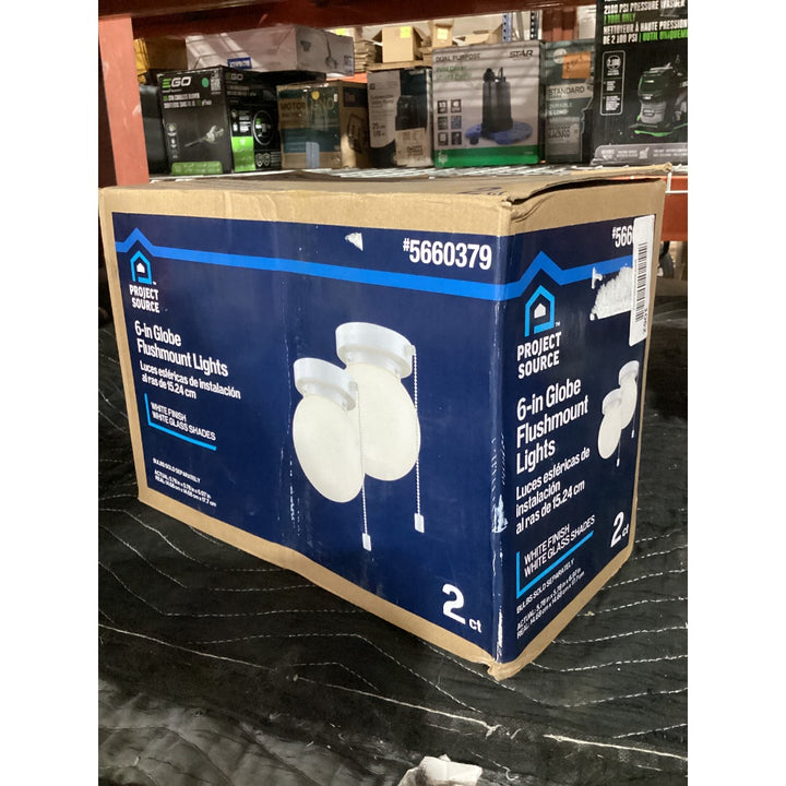 Lot # 1062 Project Source 6-in Globe Flushmount Lights, 2-Pack, White Finish, White Glass Shades, Model T231033-WH-2