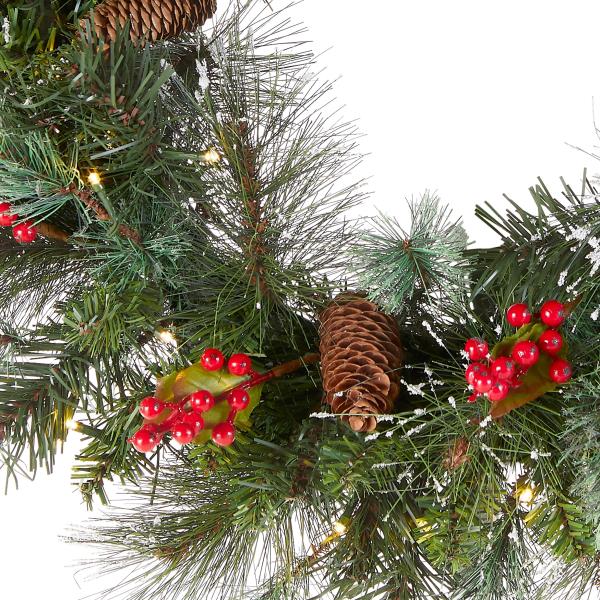 Lot # 1558 National Tree Company Pre-Lit Artificial Christmas Wreath, Green, Crestwood Spruce, White Lights, Decorated with Pine Cones, Berry Clusters, Frosted Branches, Christmas Collection, 24 Inches
