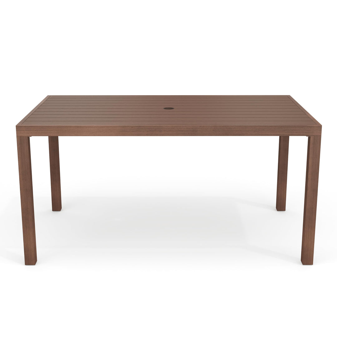 Lot # 1521 Martha Stewart Bedford 62" Indoor-Outdoor Aluminum Patio Table with Umbrella Hole and Brushed Woodgrain Finish in Brown