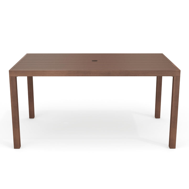Lot # 1521 Martha Stewart Bedford 62" Indoor-Outdoor Aluminum Patio Table with Umbrella Hole and Brushed Woodgrain Finish in Brown