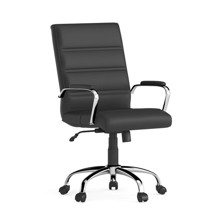 Lot # 1593 Flash Furniture Whitney Mid-Back Swivel LeatherSoft Desk Chair with Padded Seat and Armrests, Adjustable Height Padded Office Chair, Black