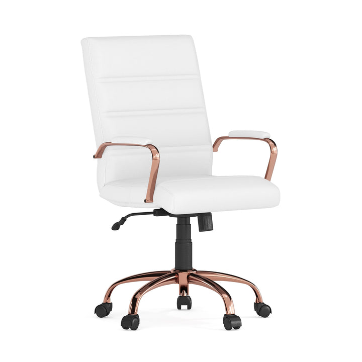 Lot # 1569 Flash Furniture Whitney Mid-Back Swivel LeatherSoft Desk Chair with Padded Seat and Armrests, Adjustable Height Padded LeatherSoft Office Chair, White/Rose Gold
