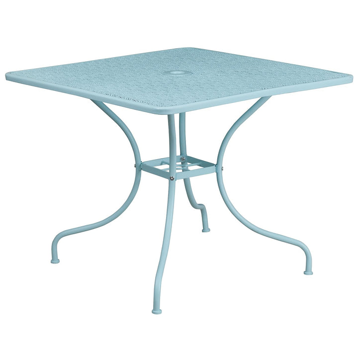Lot # 1526 Flash Furniture Oia Commercial Grade 35.5" Square Sky Blue Indoor-Outdoor Steel Patio Table with Umbrella Hole