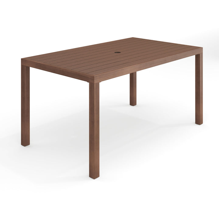 Lot # 1521 Martha Stewart Bedford 62" Indoor-Outdoor Aluminum Patio Table with Umbrella Hole and Brushed Woodgrain Finish in Brown