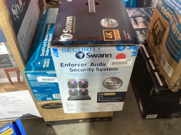 Lot # 1269 Swann 4K Security Camera System, 4 Indoor/Outdoor Wired 8MP Bullet Cameras,8 Channel DVR with 2TB,Color Night Vision, True Detect, 24/7 Home Surveillance, IP66 Weatherproof, Spotlights, Siren & Mic