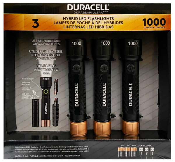 Duracell 1200LM Hybrid LED Flashlight, 3-pack (open box)