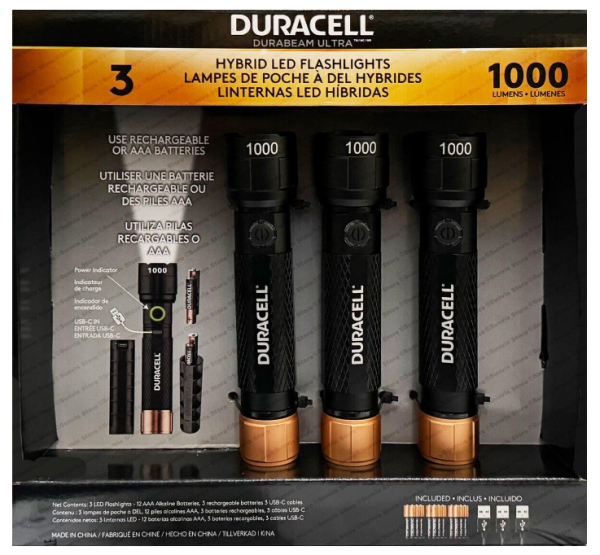 Duracell 1200LM Hybrid LED Flashlight, 3-pack