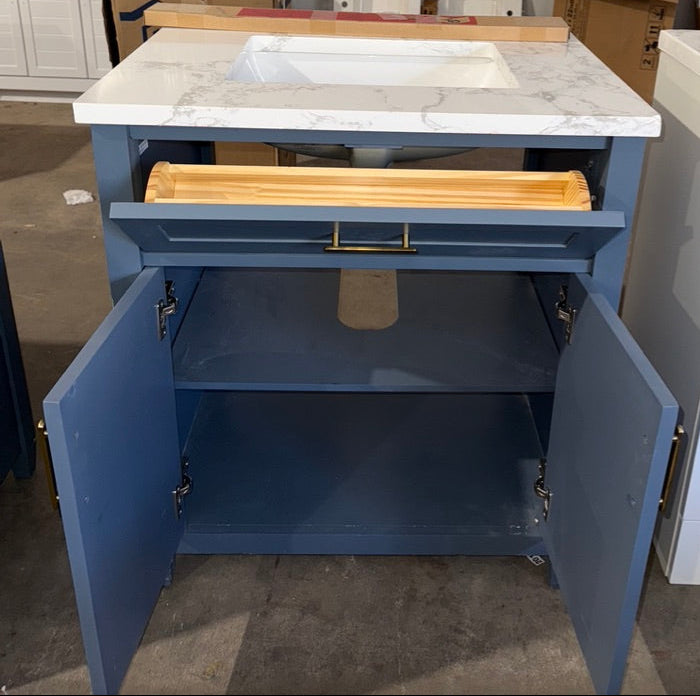 allen + roth Roveland 30-in Royal Navy Undermount Single Sink Bathroom Vanity with Natural Carrara Natural Marble Top (damaged)