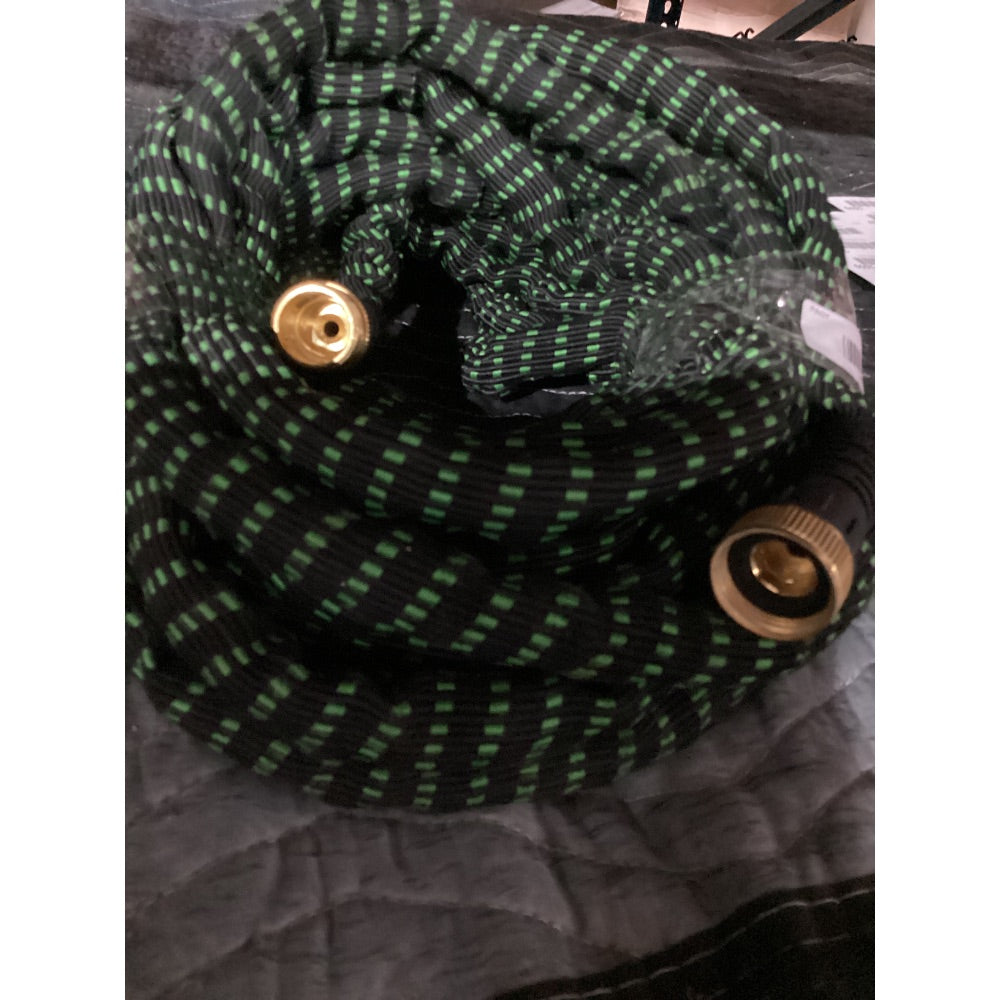 Lot # 1023 Generic Expandable Garden Hose, Flexible, Brass Fittings, Black with Green Stripes
