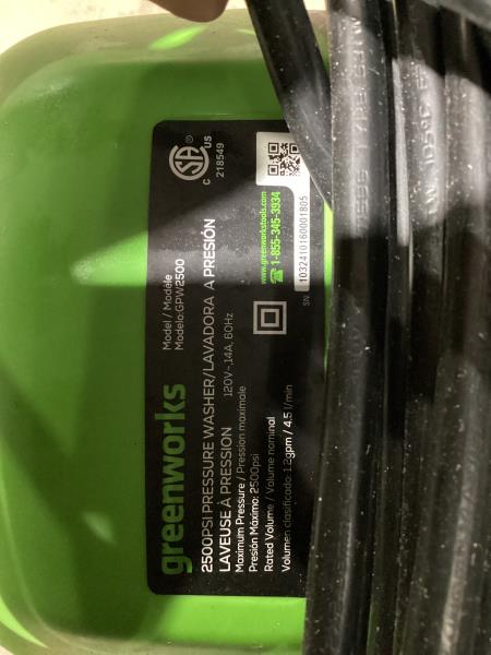 Lot # 2063 Greenworks 3000 PSI 2.0 Max GPM TruBrushless Electric Pressure Washer $329