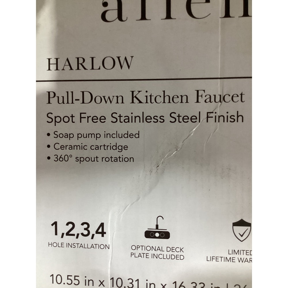 Lot # 1054 allen + roth HARLOW Pull-Down Kitchen Faucet, Spot Free Stainless Steel Finish, Soap Pump Included, Ceramic Cartridge, 360° Spout Rotation, Model 67894W-113402