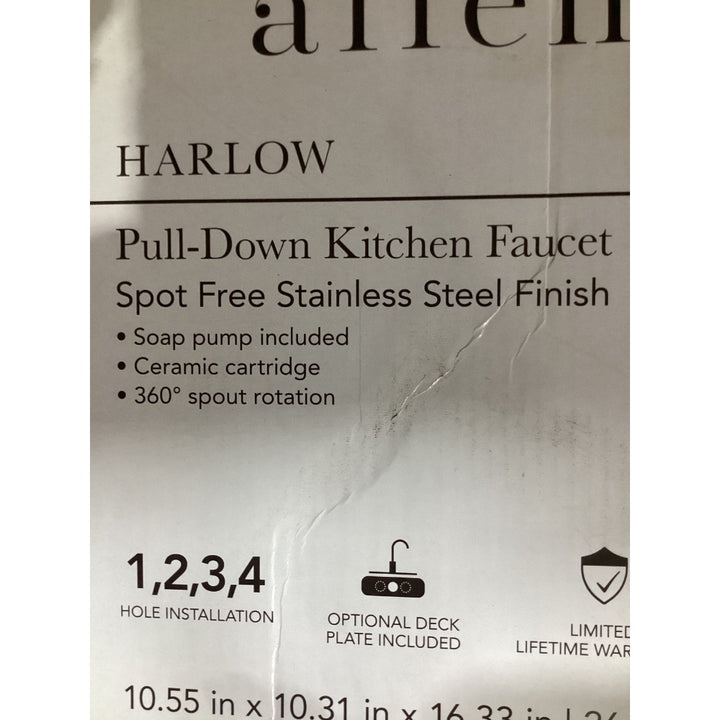 Lot # 1054 allen + roth HARLOW Pull-Down Kitchen Faucet, Spot Free Stainless Steel Finish, Soap Pump Included, Ceramic Cartridge, 360° Spout Rotation, Model 67894W-113402