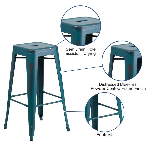 Lot # 2285 Flash Furniture Kai Commercial Grade 30" High Backless Distressed Kelly Blue-Teal Metal Indoor-Outdoor Barstool