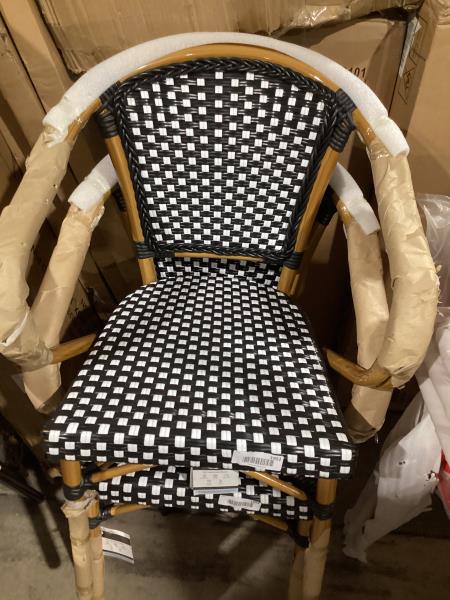Lot # 1952 Flash Furniture Lourdes Indoor/Outdoor Commercial Thonet Bistro Stack Chair - Curved Arms - Black/White PE Rattan Back and Seat - Bamboo Print Metal Frame