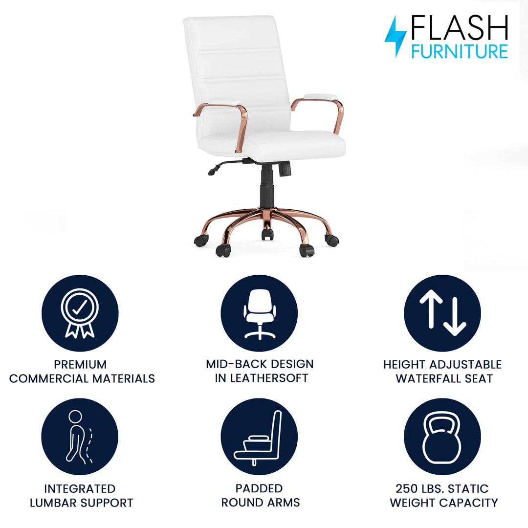 Lot # 1569 Flash Furniture Whitney Mid-Back Swivel LeatherSoft Desk Chair with Padded Seat and Armrests, Adjustable Height Padded LeatherSoft Office Chair, White/Rose Gold
