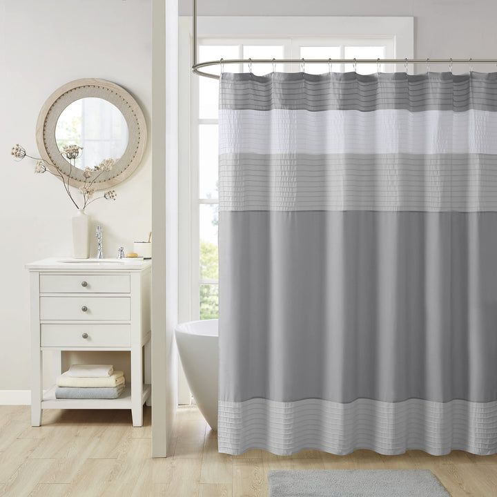 Lot # 1498 Comfort Spaces Windsor Bathroom Shower Pieced Ruffle Pattern Modern Elegant Microfiber Fabric Bath Curtains, 72x72, Gray