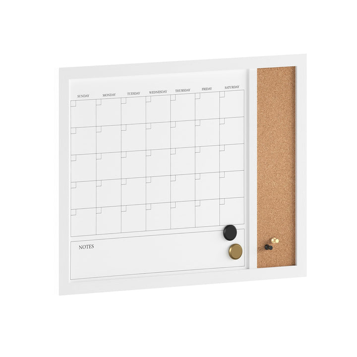 Lot # 1533 Martha Stewart Everette Magnetic Dry Erase Monthly Calendar and Cork Board Combo with Included Marker, Magnets, and Push Pins, 24"x18", White Woodgrain Frame