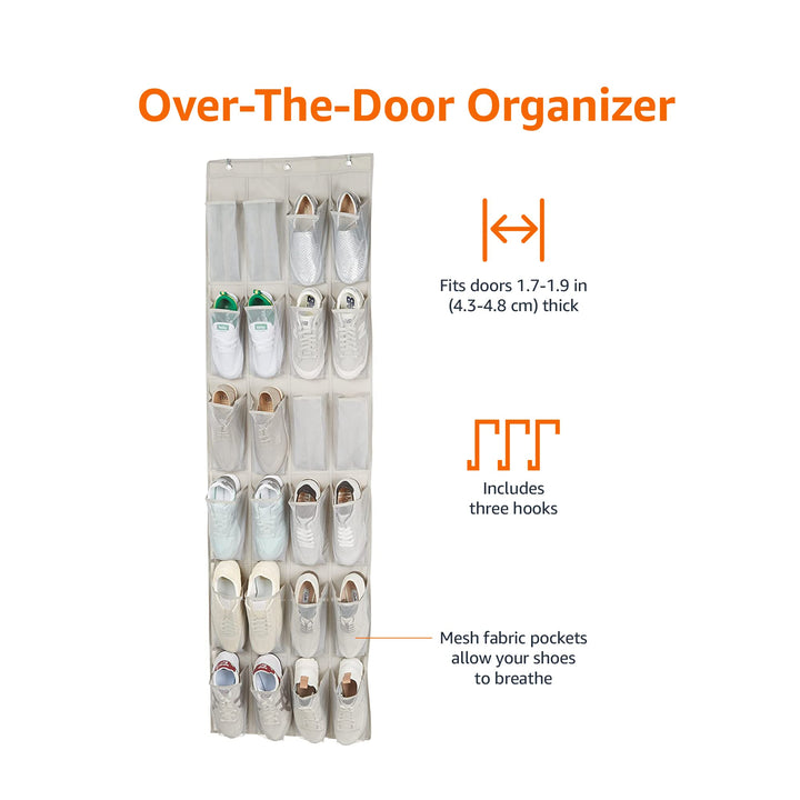 Lot # 1482 Amazon Basics 24 Medium Pocket Over-the-Door Hanging Shoe Organizer, Light Grey