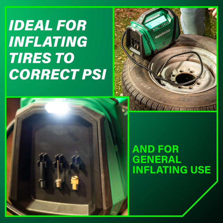 Lot # 1170 Metabo HPT 18V MultiVolt Cordless Dual Function Inflator, Portable Air Inflator with High Pressure and High Volume Modes, 160 PSI Max Pressure, LED Light, Tool Body Only, UP18DAQ4