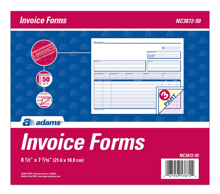 Lot # 1486 Adams Invoice Unit Sets, 7.44 x 8.5 Inch, 3-Part, Carbonless, White/Canary/Pink, 50 Sets per Pack (NC3872-50)
