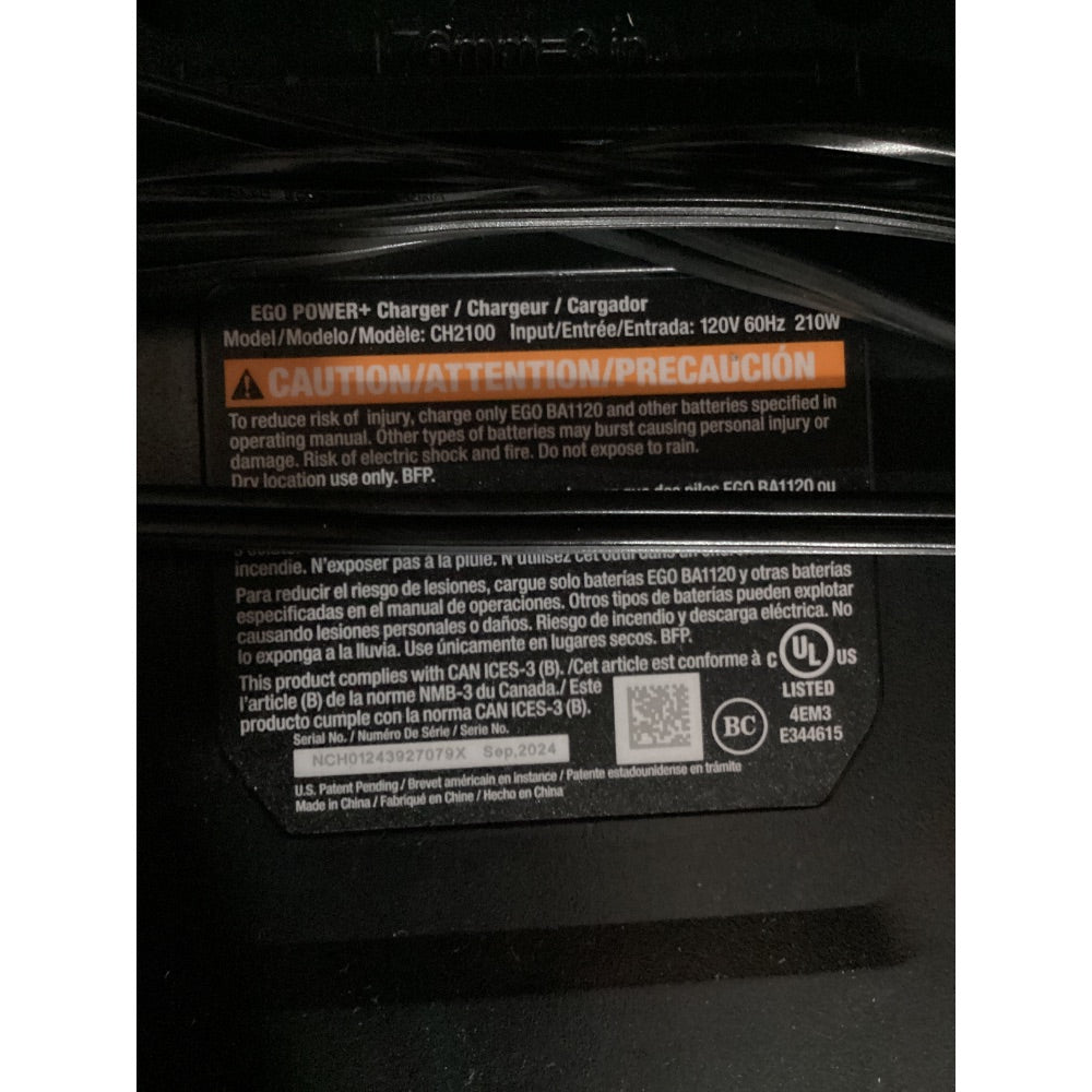 Lot # 1043 EGO POWER+ Charger CH2100 - 120V 60Hz 210W, Compatible with EGO BA1120 Batteries, Black